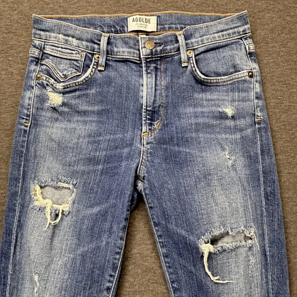 AGOLDE Jeans Womens 27 Blue Distressed Skinny Raw Hem Mid Rise 28x29‎ Made USA
